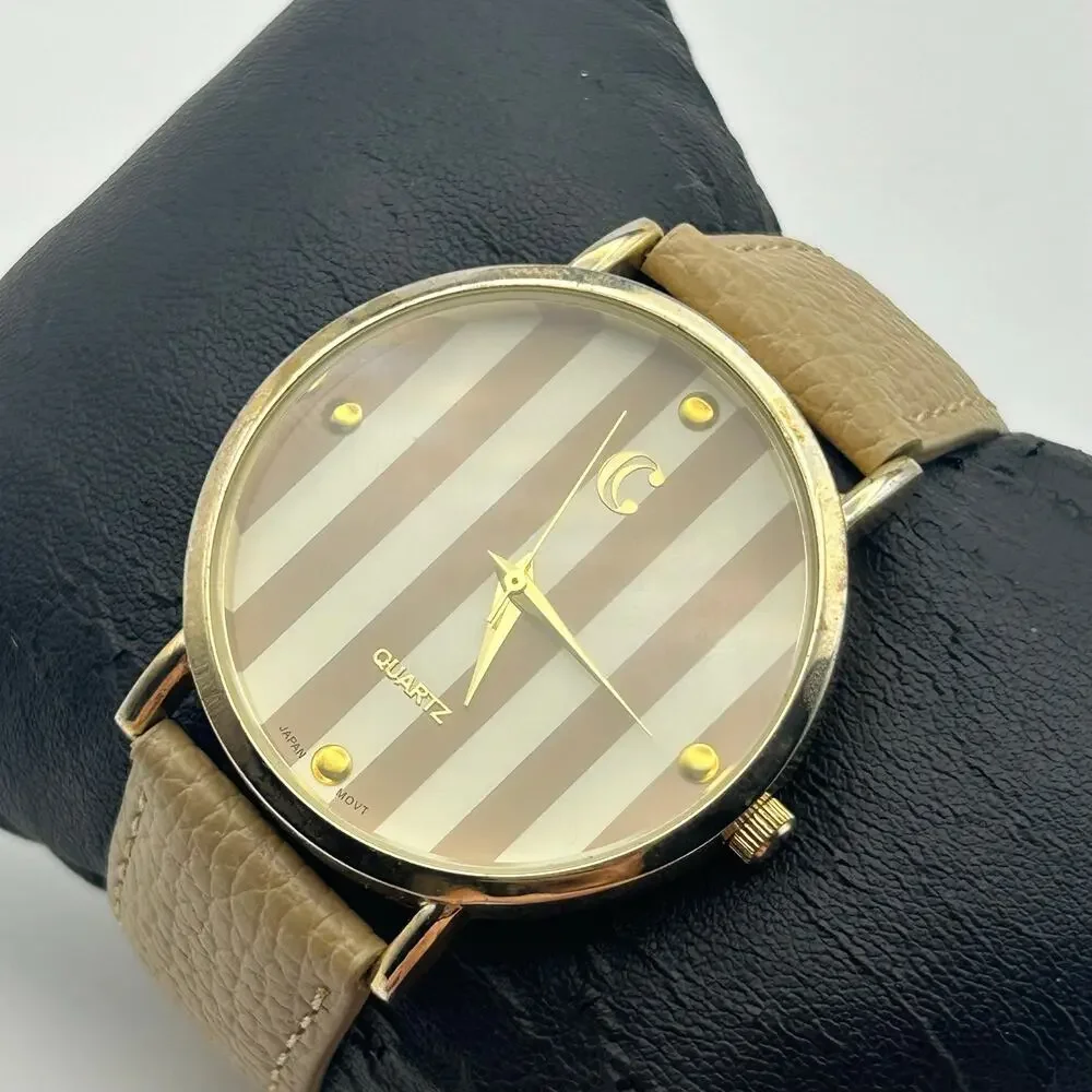 Charming Charlie Stripe Dial Women Quartz Watch Beige Leather Strap New Battery